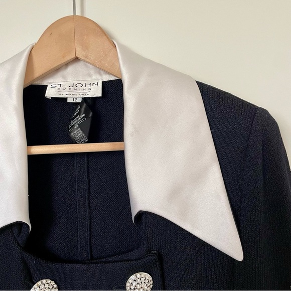 St. John Evening Santana Knit Black and White Collared Double Breasted Blazer 12 - Picture 5 of 5